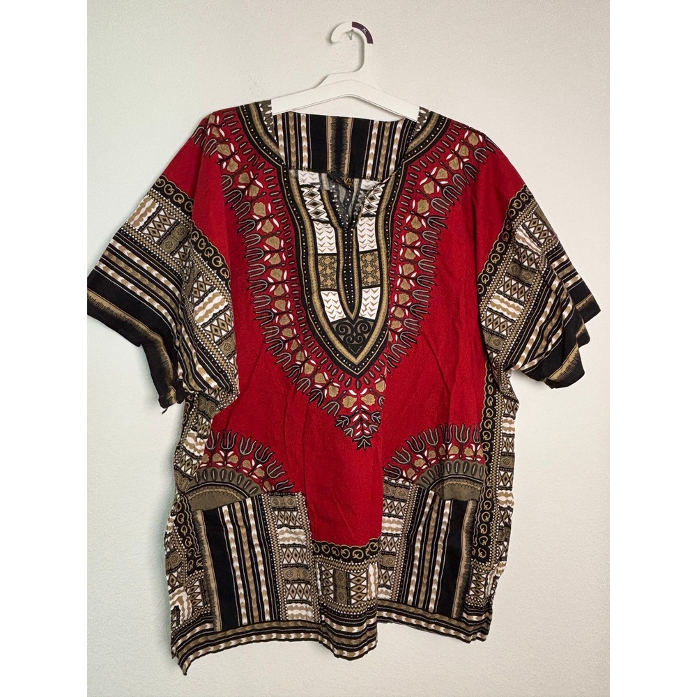 Da-Iki Red African Dashiki Shirt Tribal Print V-Neck Tunic 3XL Mens Womens